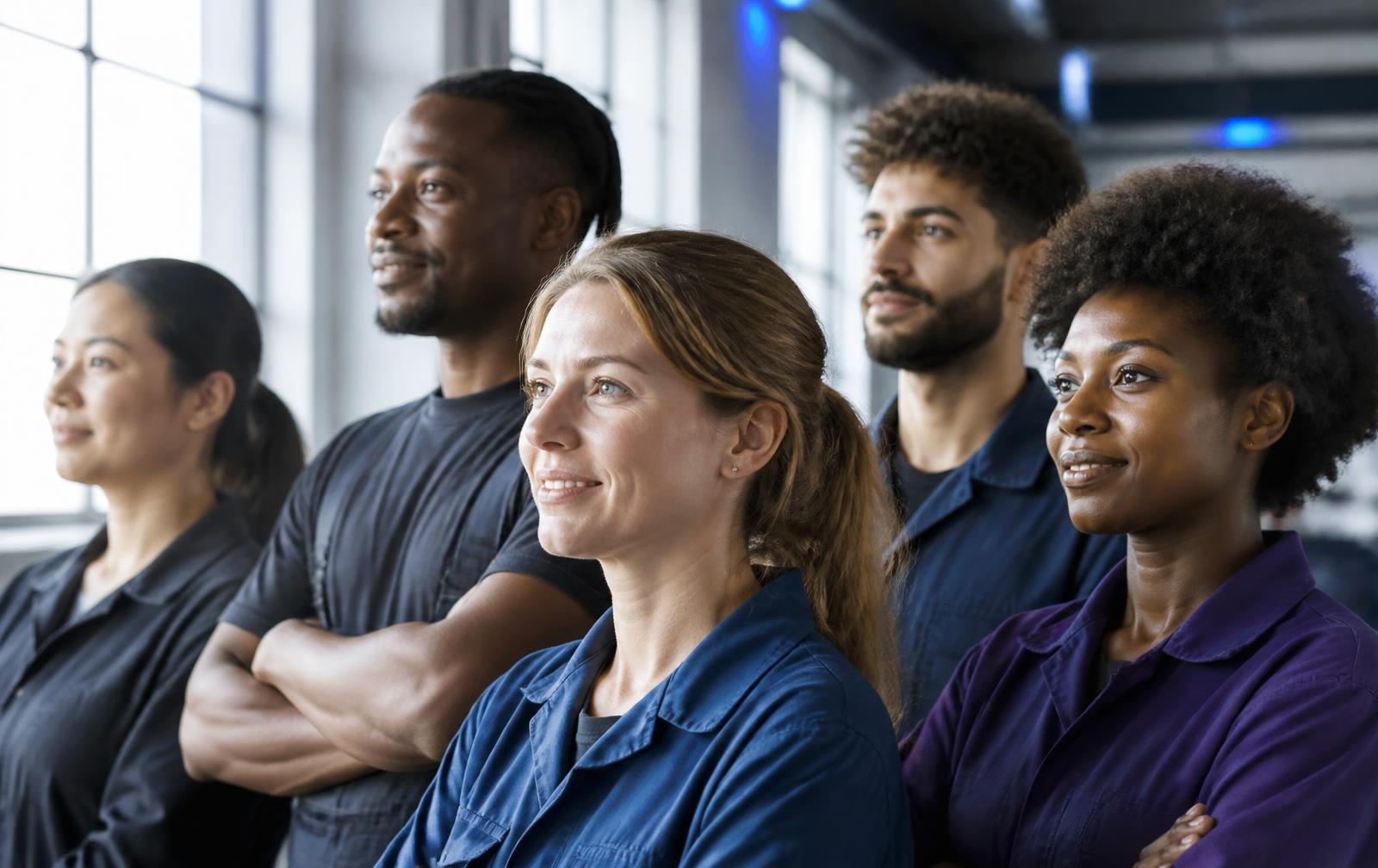 Workers standing together in daylight inside a factory floor
