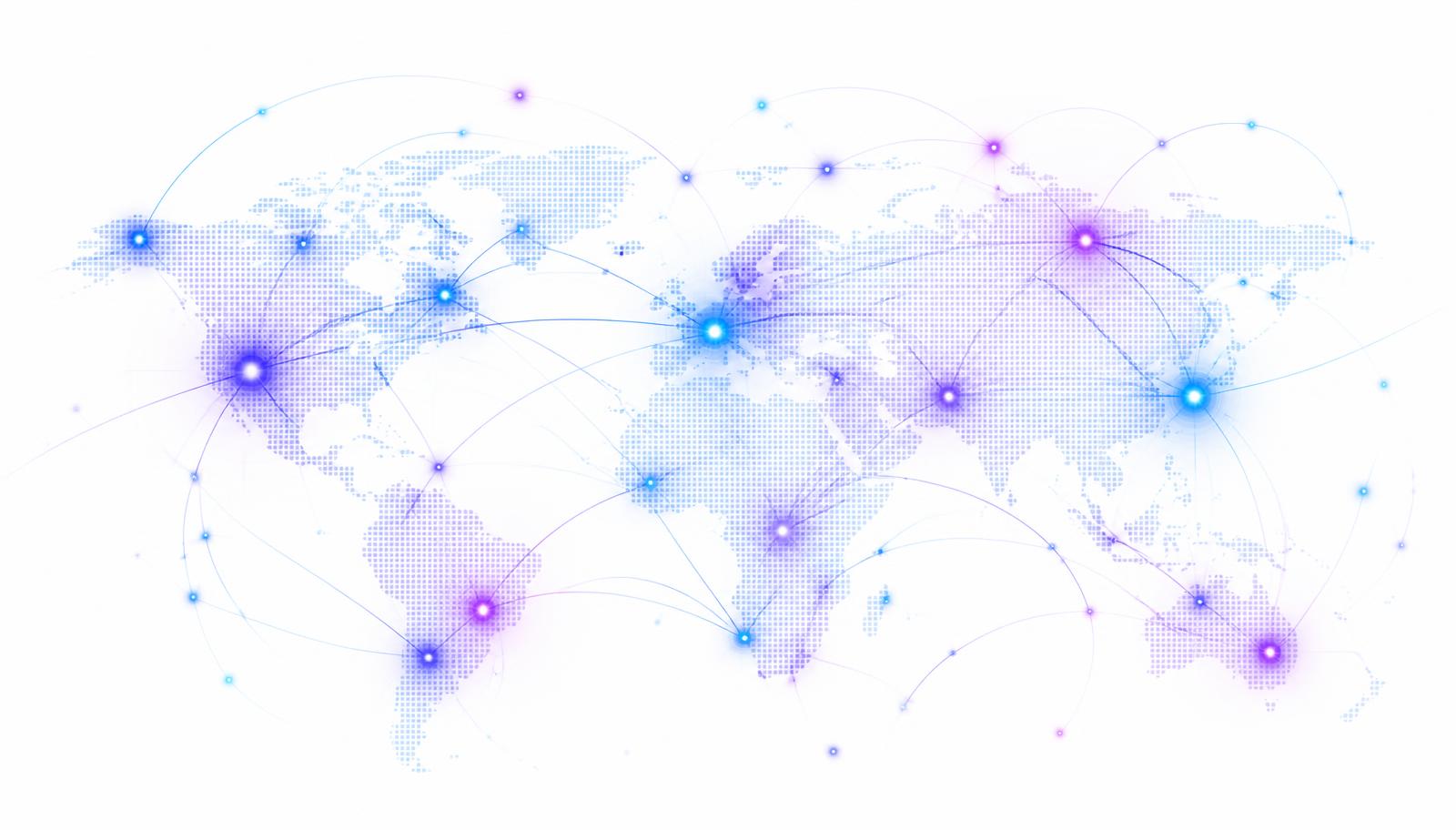 Bright world map with glowing connected supply chain nodes